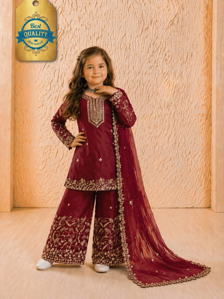 Girls Maroon Embroidered Kurta Palazzo Set with Dupatta