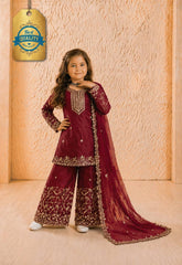 Girls Maroon Embroidered Kurta Palazzo Set with Dupatta