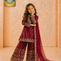 Girls Maroon Embroidered Kurta Palazzo Set with Dupatta
