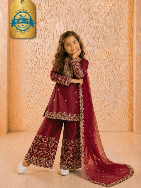 Girls Maroon Embroidered Kurta Palazzo Set with Dupatta
