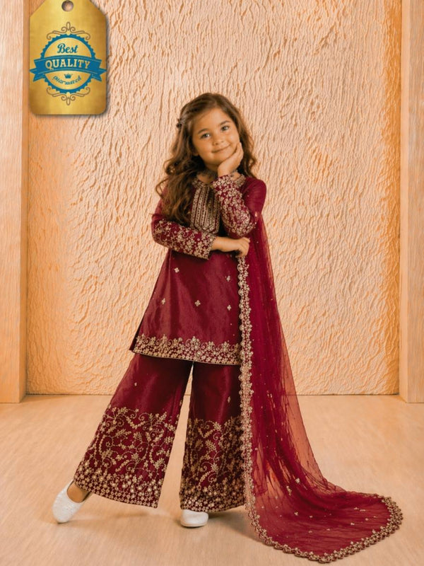 Girls Maroon Embroidered Kurta Palazzo Set with Dupatta