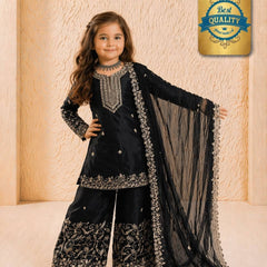 Girls Black Embroidered Kurta Palazzo Set with Dupatta