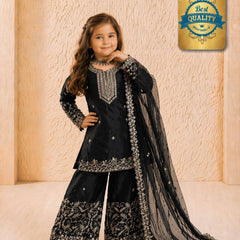 Girls Black Embroidered Kurta Palazzo Set with Dupatta