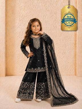 Girls Black Embroidered Kurta Palazzo Set with Dupatta