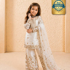 Girls Off White Embroidered Kurta Palazzo Set with Net Dupatta
