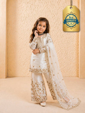 Girls Off White Embroidered Kurta Palazzo Set with Net Dupatta