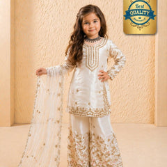 Girls Off White Embroidered Kurta Palazzo Set with Net Dupatta