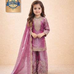 Girls Mauve Pink Embroidered Kurta Palazzo Set with Dupatta