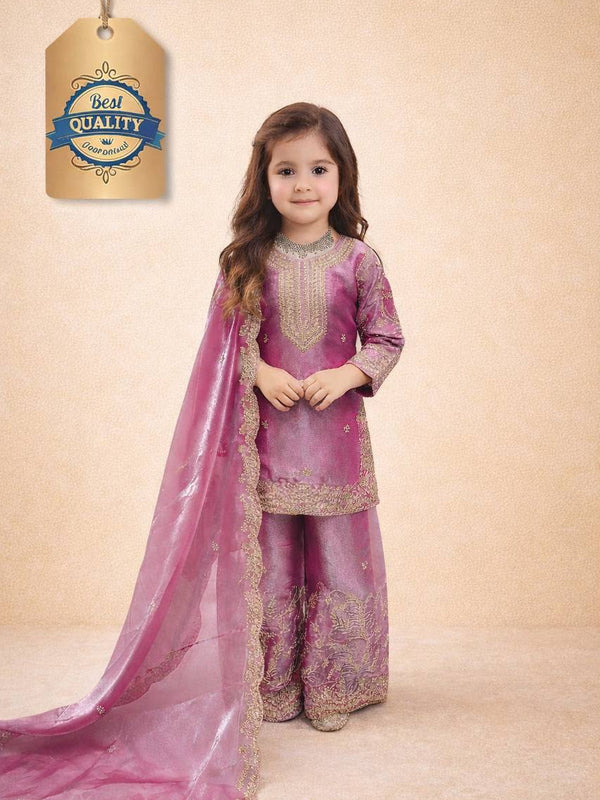 Girls Mauve Pink Embroidered Kurta Palazzo Set with Dupatta
