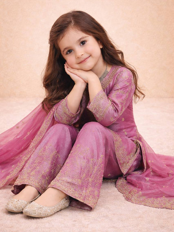 Girls Mauve Pink Embroidered Kurta Palazzo Set with Dupatta