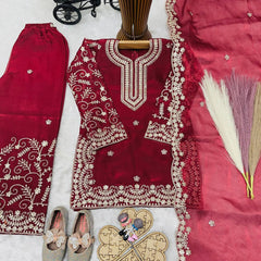 Girls Maroon Embroidered Kurta Palazzo Set with Dupatta