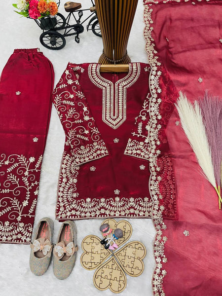 Girls Maroon Embroidered Kurta Palazzo Set with Dupatta