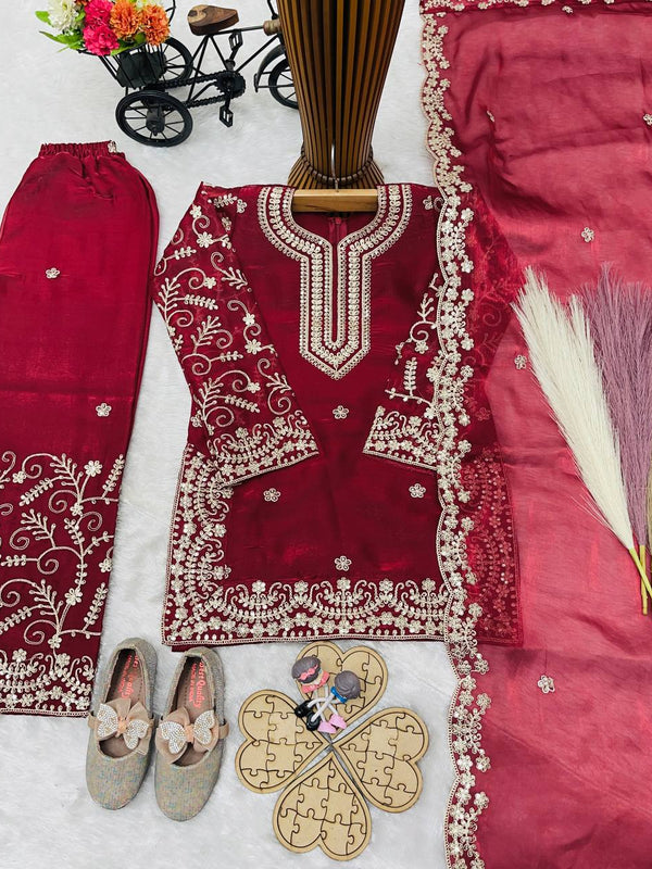 Girls Maroon Embroidered Kurta Palazzo Set with Dupatta