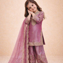 Girls Mauve Pink Embroidered Kurta Palazzo Set with Dupatta