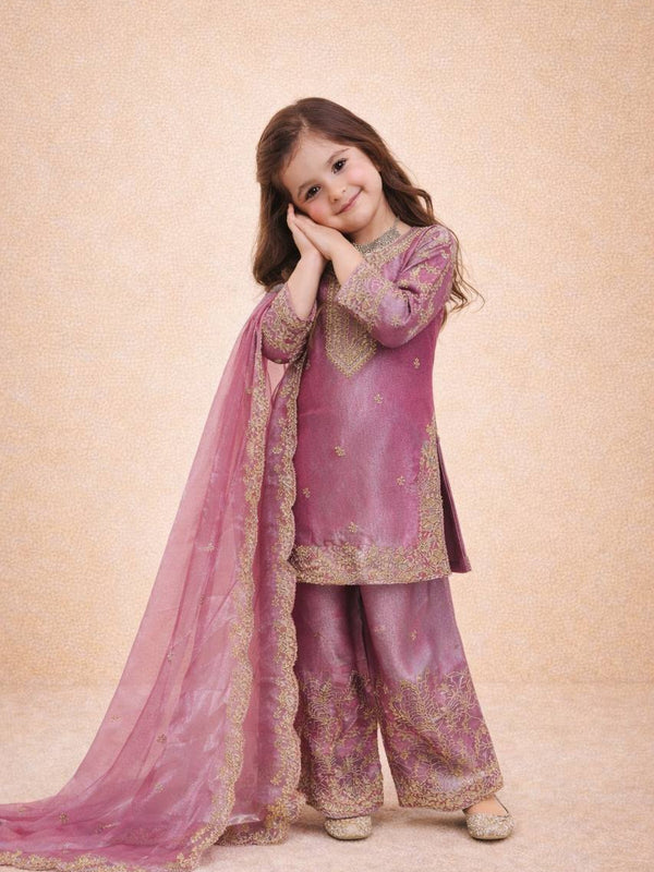 Girls Mauve Pink Embroidered Kurta Palazzo Set with Dupatta