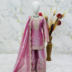 Girls Mauve Pink Embroidered Kurta Palazzo Set with Dupatta
