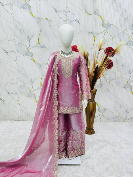 Girls Mauve Pink Embroidered Kurta Palazzo Set with Dupatta