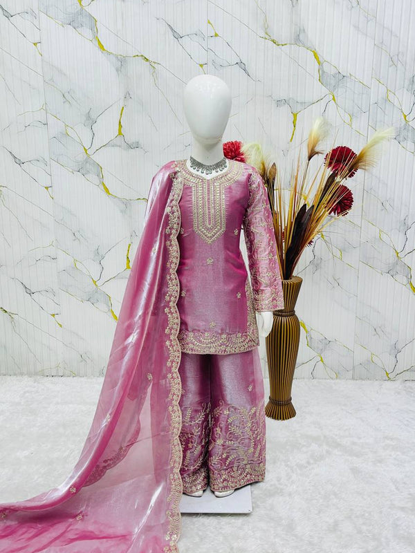 Girls Mauve Pink Embroidered Kurta Palazzo Set with Dupatta