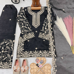 Girls Black Embroidered Kurta Palazzo Set with Dupatta
