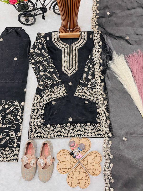 Girls Black Embroidered Kurta Palazzo Set with Dupatta