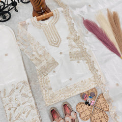 Girls Off White Embroidered Kurta Palazzo Set with Net Dupatta
