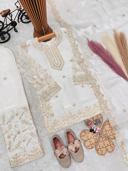 Girls Off White Embroidered Kurta Palazzo Set with Net Dupatta