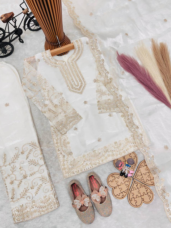 Girls Off White Embroidered Kurta Palazzo Set with Net Dupatta