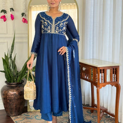 Women Navy Blue Embroidered Anarkali Kurta Set with Dupatta