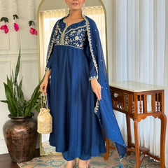 Women Navy Blue Embroidered Anarkali Kurta Set with Dupatta