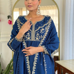Women Navy Blue Embroidered Anarkali Kurta Set with Dupatta