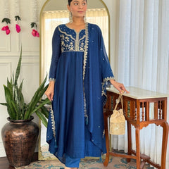 Women Navy Blue Embroidered Anarkali Kurta Set with Dupatta