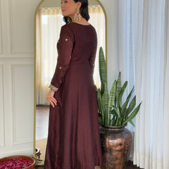 Women Dark Maroon Embroidered Anarkali Kurta Set with Dupatta