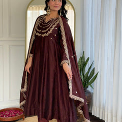 Women Dark Maroon Embroidered Anarkali Kurta Set with Dupatta