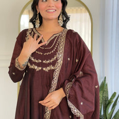 Women Dark Maroon Embroidered Anarkali Kurta Set with Dupatta