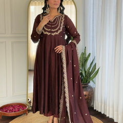 Women Dark Maroon Embroidered Anarkali Kurta Set with Dupatta