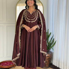 Women Dark Maroon Embroidered Anarkali Kurta Set with Dupatta
