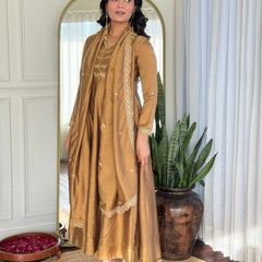 Women Mustard Gold Embroidered Anarkali Kurta Set with Dupatta