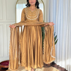 Women Mustard Gold Embroidered Anarkali Kurta Set with Dupatta