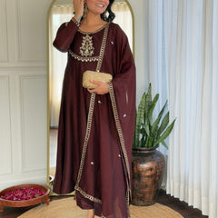Women Maroon Embroidered Anarkali Kurta Set with Dupatta