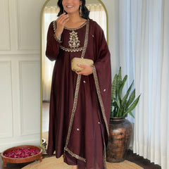 Women Maroon Embroidered Anarkali Kurta Set with Dupatta