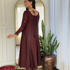 Women Maroon Embroidered Anarkali Kurta Set with Dupatta