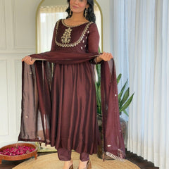 Women Maroon Embroidered Anarkali Kurta Set with Dupatta