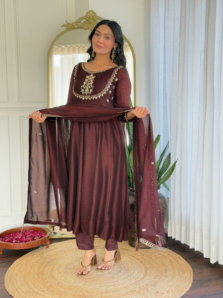 Women Maroon Embroidered Anarkali Kurta Set with Dupatta
