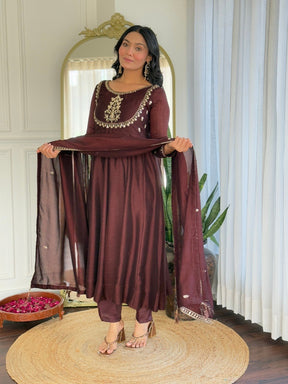 Women Maroon Embroidered Anarkali Kurta Set with Dupatta