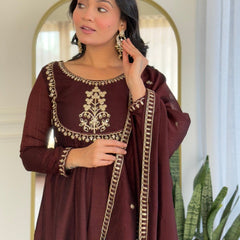 Women Maroon Embroidered Anarkali Kurta Set with Dupatta