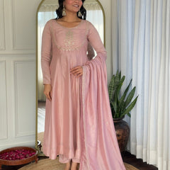 Women Blush Pink Embroidered Anarkali Kurta Set with Dupatta
