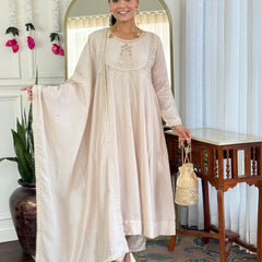 Women Beige Embroidered Anarkali Kurta Set with Dupatta