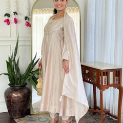 Women Beige Embroidered Anarkali Kurta Set with Dupatta
