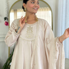 Women Beige Embroidered Anarkali Kurta Set with Dupatta