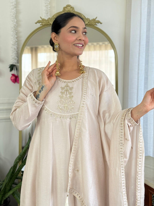 Women Beige Embroidered Anarkali Kurta Set with Dupatta